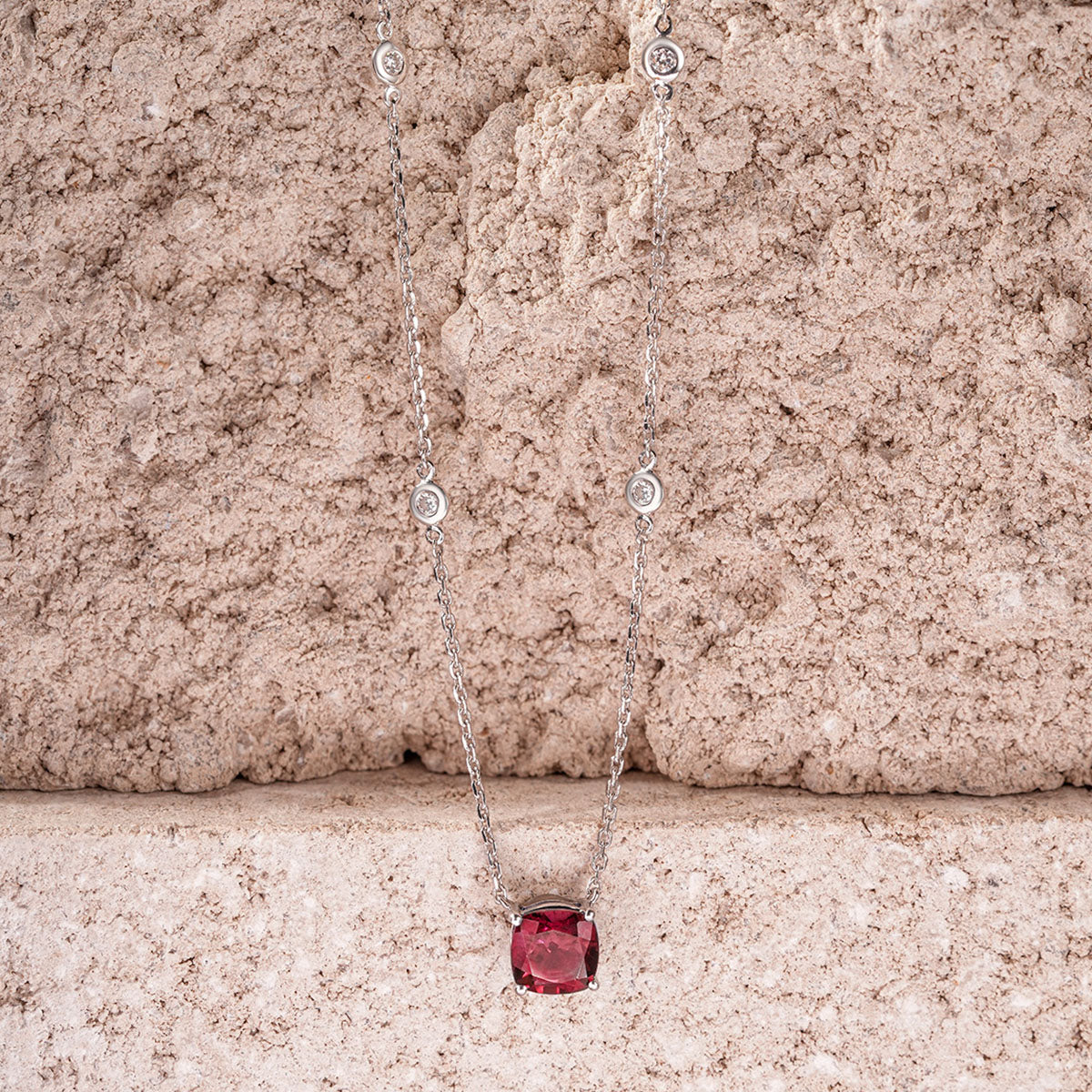 Astra 2.00ct Lab Ruby and Diamond Solitaire Cushion Cut Necklace in Silver